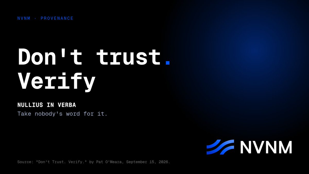 NVNM_Chain's tweet photo. Don't trust. Verify.

More than three centuries ago, the Royal Society took a motto: nullius in verba. Take nobody's word for it.

An asset is worth a number. A token is backed. The reserves are there. The audit is clean.

Each of those is a claim. A claim is a story about the truth. It is not the truth.

Tokenizing a claim does not make it true. It just puts the claim on a faster rail.

NVNM Chain does not put assets or private data onchain. It anchors a cryptographic proof of the data, in the open, where it can be checked against the original without exposing it.

Don't trust. Verify on NVNM Chain.