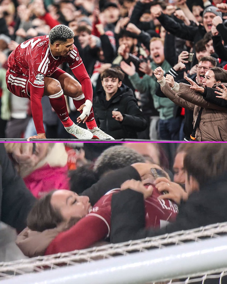 footballontnt's tweet photo. Ronald Araรบjo had so much momentum from his goal, he ended up over the advertising boards celebrating with the Liverpool fans ๐โค๏ธ https://t.co/Uq5acRSrob