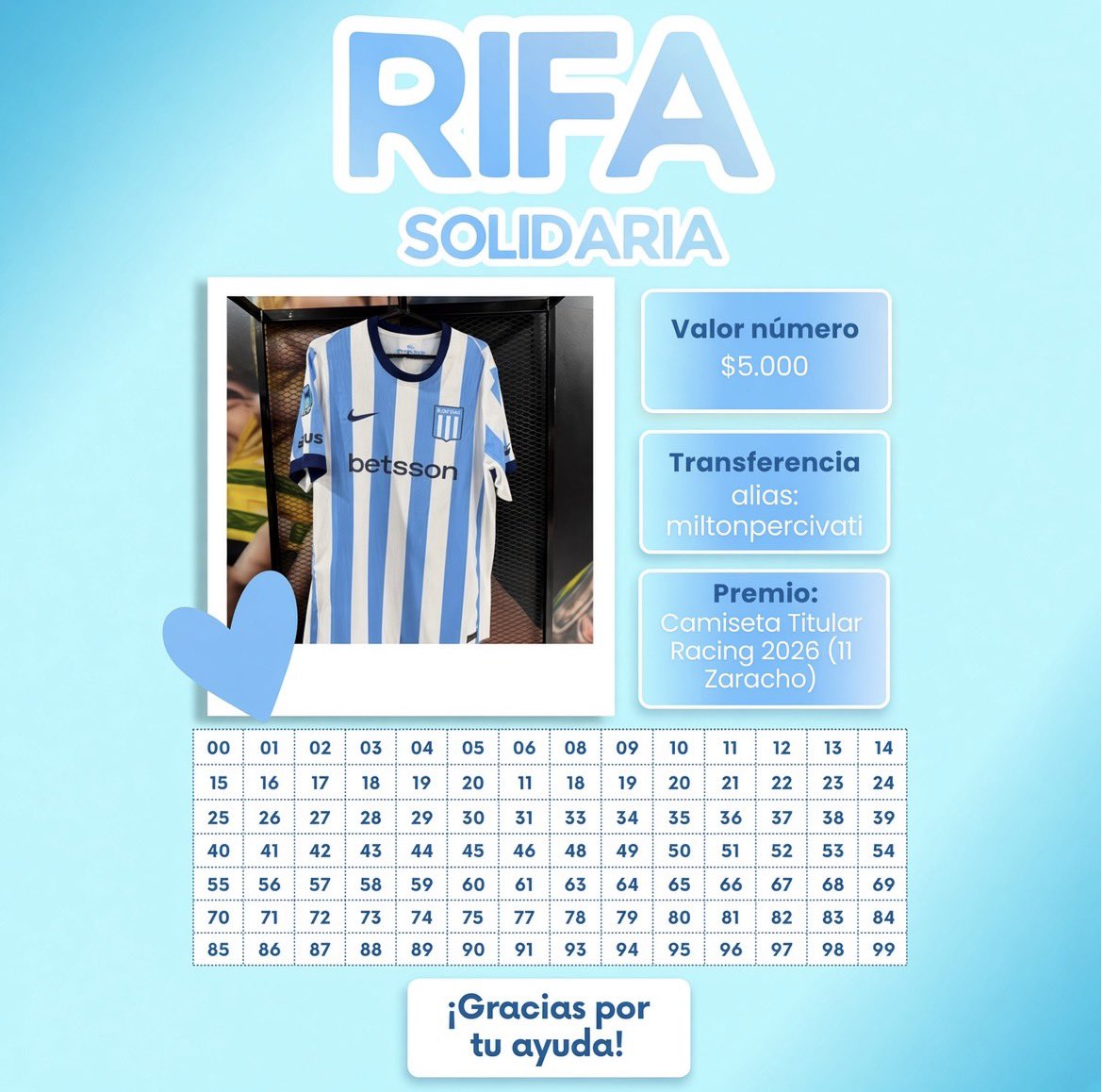 ElMichalito's tweet photo. 🚨 GRAN RIFA POR 3 CAMISETAS 🚨

👉🏻 CAMISETA DE RACING TITULAR 2026 DE ZARACHO 11
👉🏻 CAMISETA DE ARGENTINA SUPLENTE MUNDIAL 2026 DE MESSI 10
👉🏻 CAMISETA DE HOLANDA TITULAR EUROCOPA 1988 DE VAN BASTEN 12

👉🏻 1 RIFA POR $5.000
👉🏻 2 RIFAS POR $9.000 ($1.000 menos)
👉🏻 3 RIFAS POR $13.000 ($2.000 menos)

SE AGRADECE UN ME GUSTA O UN RT

El sábado pasado me ROBARON el celular lamentablemente y por suerte familiares y amigos me ayudaron, yo por obvias razones quedé sin nada, así que debo devolver el favor a mis familiares y amigos que me ayudaron a poder tenerlo rápido, con algo que aprecio mucho, como son estas joyitas, pero la familia va primero

Pueden responder esta publicación o mandarme MD, gracias por todo a todos