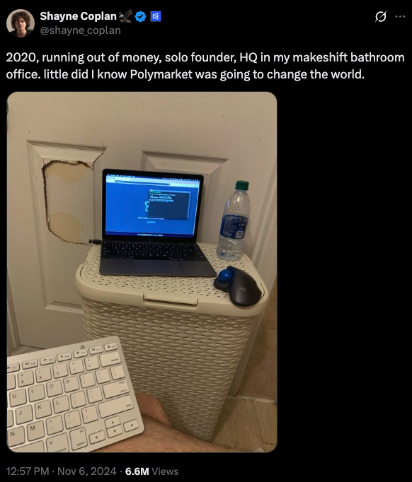 hosseeb's tweet photo. This is total nonsense.

We're one of the largest early investors in Polymarket, and this story that Shayne was "caught red-handed" using company money is just a flat out garbage hit piece.

Shayne wasn't taking a salary. He was 21 when he started Polymarket, he was living hand-to-mouth running the company out of his apartment, barely making ends meet when he was raising his seed round. We were his first term sheet and literally offered to loan him money personally, but he ended up not needing it when the seed round came together.

After COVID and the crazy Biden-era crackdown on crypto that was happening at the time, there was a lot of chaos in almost every company in the industry. As an investor, we saw a lot of companies go through pandemic-era startup craziness, and Polymarket was no exception.

But Shayne disclosed every dollar he spent, which turned out to annualize to about a software engineer's salary. That's including the flights, none of which were personal flights. Plus, SHAYNE STARTED the accounting and payback process, no one “found” it. In aggregate, it was nothing that an investor would balk at. He paid it back to the company in full, and then got on a normal salary like everyone else.

It was an accounting problem, not an integrity problem. It was not a big deal.

Polymarket has had growing pains, no doubt. It went from a small fledging startups to one of the most explosive consumer brands in America. But Shayne has leveled up alongside the company, and as investors we have total confidence in him.

Enough of this stupid FUD.

The end.