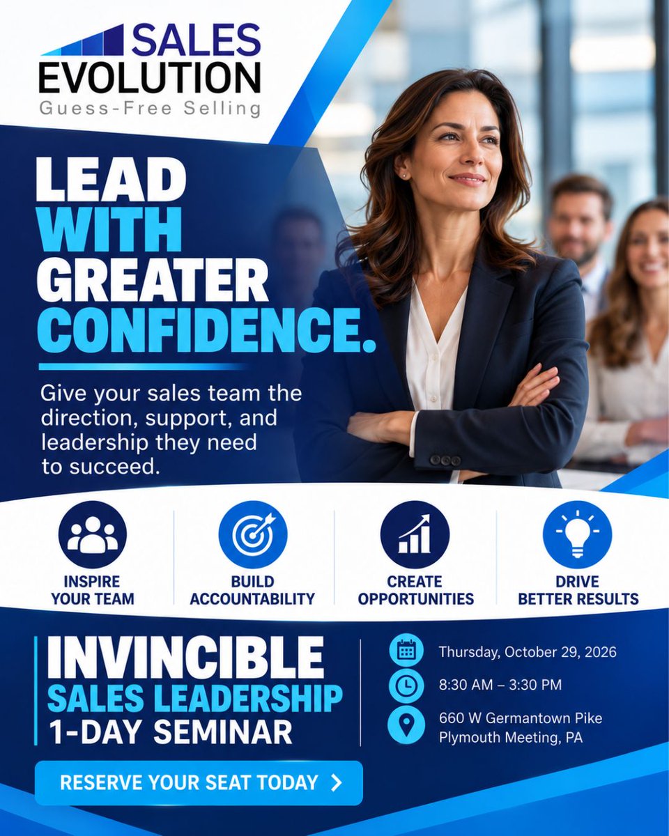 salesevolution's tweet photo. Confident leaders build stronger sales teams.

Learn to lead with certainty at Sales Evolution's Invincible Sales Leadership Seminar.

Oct. 29 | Plymouth Meeting, PA

Register: https://t.co/fIn6LD4fdG

#SalesLeadership https://t.co/q4jZv7AUOF