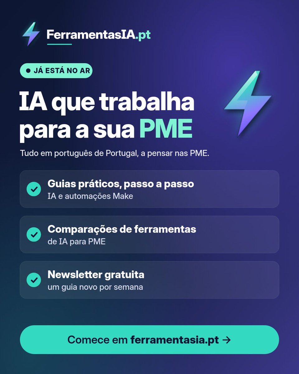 FerramentasIA's tweet photo. Olá! 👋 bem-vindos ao https://t.co/Lljb3e3sjU
São guias práticos, para pequenas e médias empresas porem a inteligência artificial e as automações a trabalhar a seu favor. Há ainda uma newsletter gratuita com um guia novo por semana. https://t.co/LZtHjiRFc3