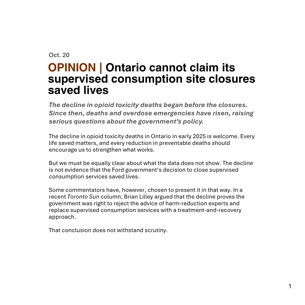 RNAO's tweet photo. Closing supervised consumption sites did not save lives. 
In @TheTorontoSun op-ed, RNAO CEO Dr. @DorisGrinspun says #HarmReduction remains a critical part of responding to the #ToxicDrugCrisis & is complementary to treatment. 
"Ontario should restore supervised consumption services as part of a comprehensive, accountable and compassionate system of care. Nurses understand this from daily practice: people must survive long enough to reach treatment, benefit from recovery services and rebuild their lives."
Read the full op-ed: https://t.co/d0TRSOhEyG