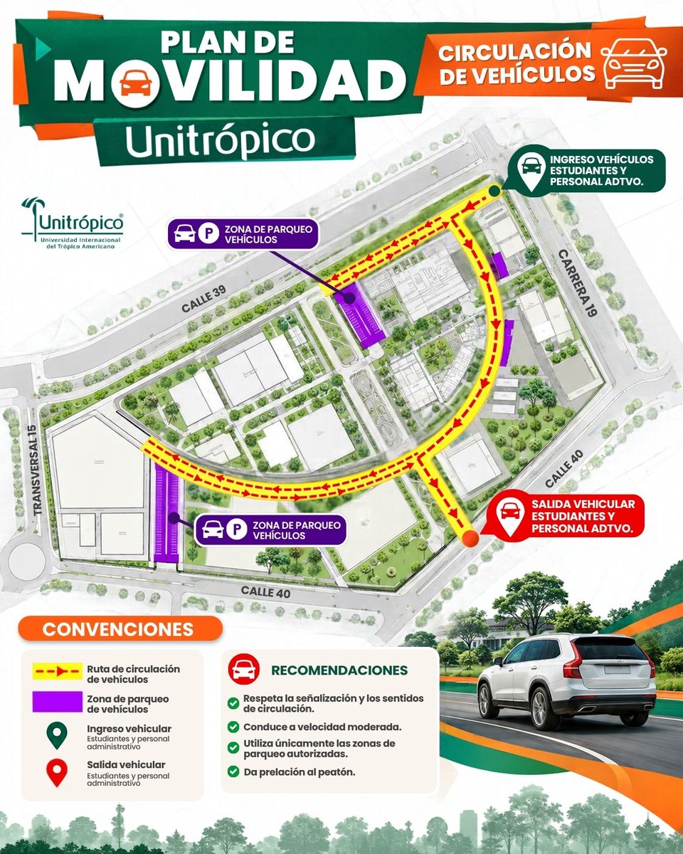 Unitropico's tweet photo. ¡Conductor unitropista! 🚗✨ 

Tu seguridad y la de todos es nuestra prioridad. Conoce el Plan de Movilidad de Unitrópico, respeta los límites de velocidad, cede el paso a los peatones y transita con precaución por el campus y sus alrededores. 🚦 💚 https://t.co/S3sncm8NXu