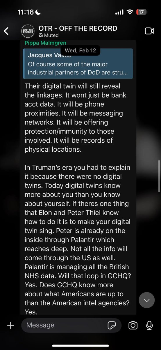 tinyklaus's tweet photo. Hey @RepRaskin, I hear you are planning investigations into companies founded by Elon Musk and Peter Thiel.

Former George W. Bush advisor Dr. Pippa Malmgren and her associates might have some communications that are worth a subpoena.

The Signal chat is called “Off the Record.” https://t.co/UX4iJ8p7ya