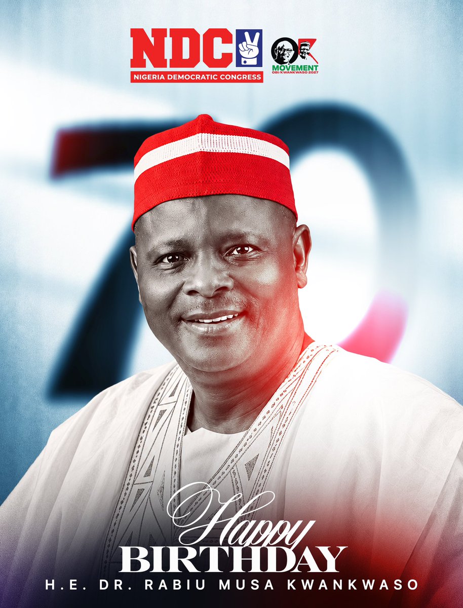 OK2027movement's tweet photo. OK Movement Wishes His Excellency, Senator Rabiu Musa Kwankwaso (NDC Vice Presidential Candidate) A Happy Birthday. @KwankwasoRM 

The OK (Obi–Kwankwaso) Movement celebrates your life of service, leadership, and commitment to a better Nigeria. May this new year bring you renewed strength, wisdom, and grace as you continue to serve our nation.

Happy Birthday, Your Excellency!
From OK (Obi–Kwankwaso) Movement ✌🏽