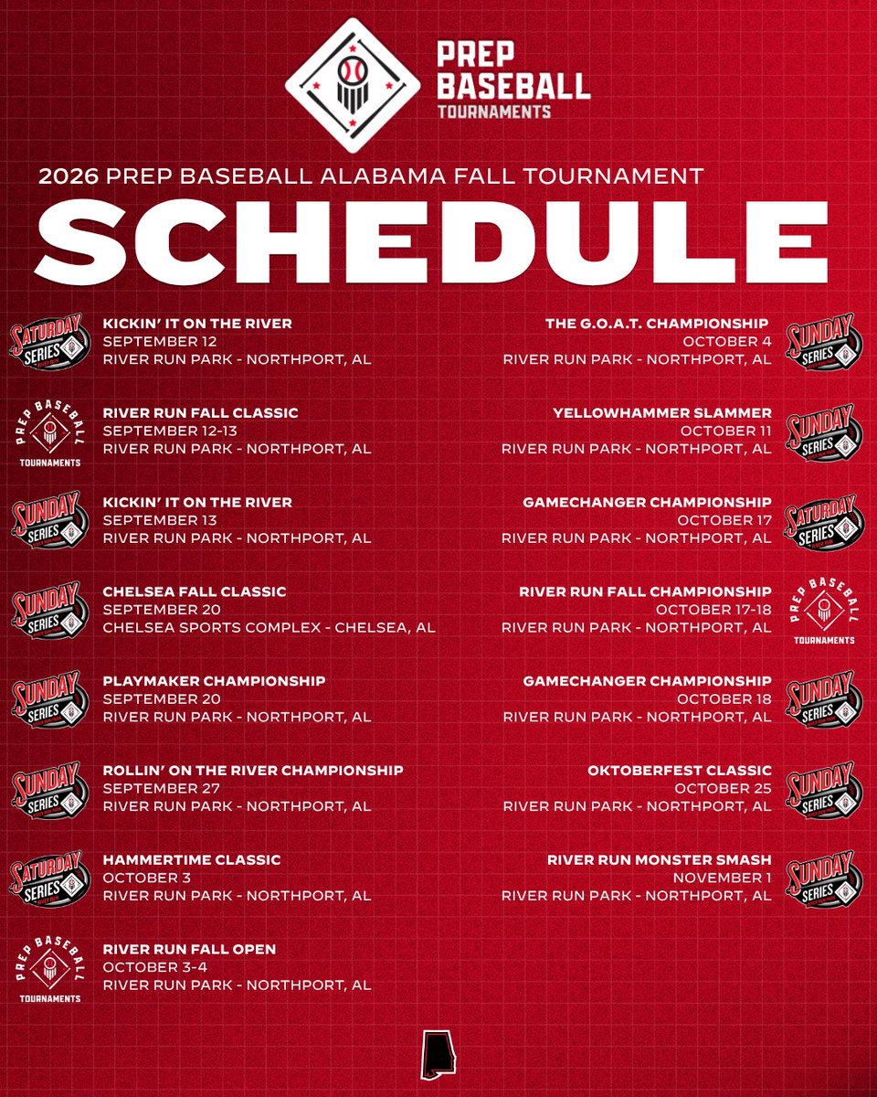 PrepBaseballAL's tweet photo. 𝐏𝐁𝐓 𝐀𝐋 𝐅𝐚𝐥𝐥 𝐒𝐜𝐡𝐞𝐝𝐮𝐥𝐞 🍂

Our 2026 Prep Baseball Alabama fall tournament slate is set.

A full fall of competitive events across the state, providing programs with quality competition and players another opportunity to compete in front of our staff.

Check out the full schedule below. 👇 

🔗: https://t.co/bpfnuXYAqc || @PBTourney