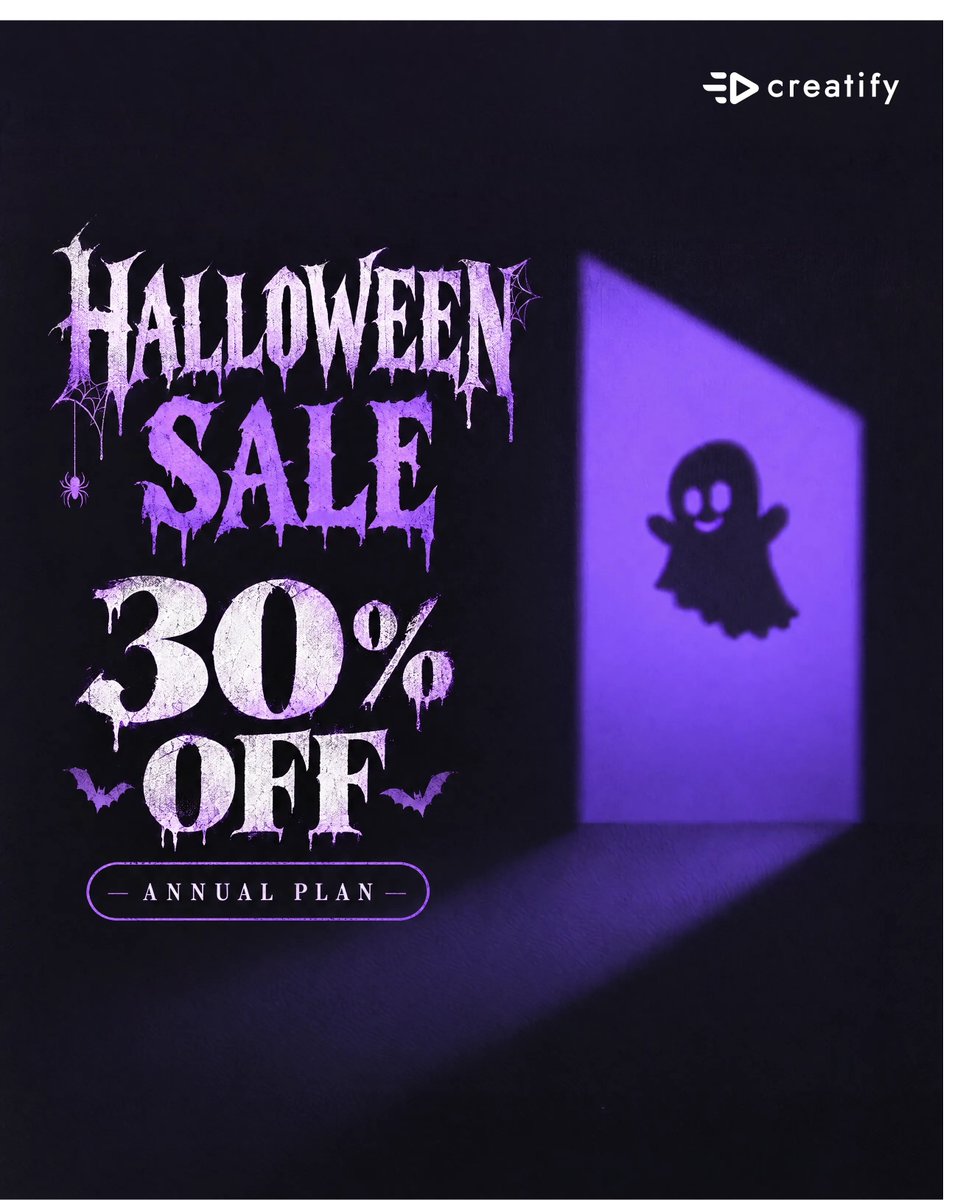Creatify_AI's tweet photo. Something’s lurking in the shadows… 👻
Turns out, it’s 30% off.

Treat yourself to a year of bringing bold ad ideas to life with Creatify.

🎃 Get 30% off the annual plan:
https://t.co/l0wItcayTW https://t.co/y8Xubi0vsN
