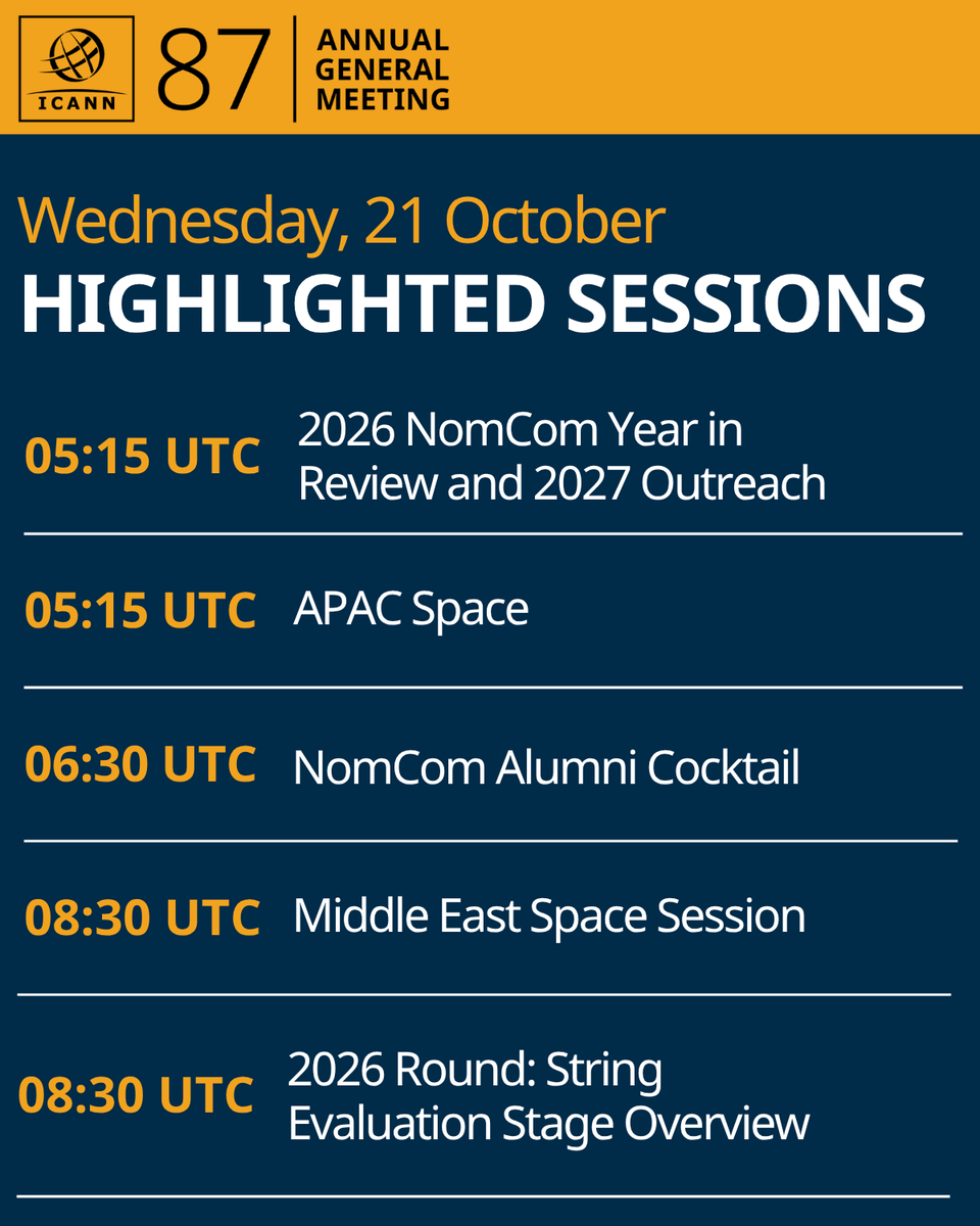 ICANN's tweet photo. 🌐 Day 5 and we’re not done yet. 

There’s still plenty happening across #ICANN87 today. If you’ve had your eye on an upcoming session or there's a topic you’ve been meaning to explore, now’s the time!

See today’s agenda >> https://t.co/WnX7RRHhrq #ICANN https://t.co/IdStPFJfqH