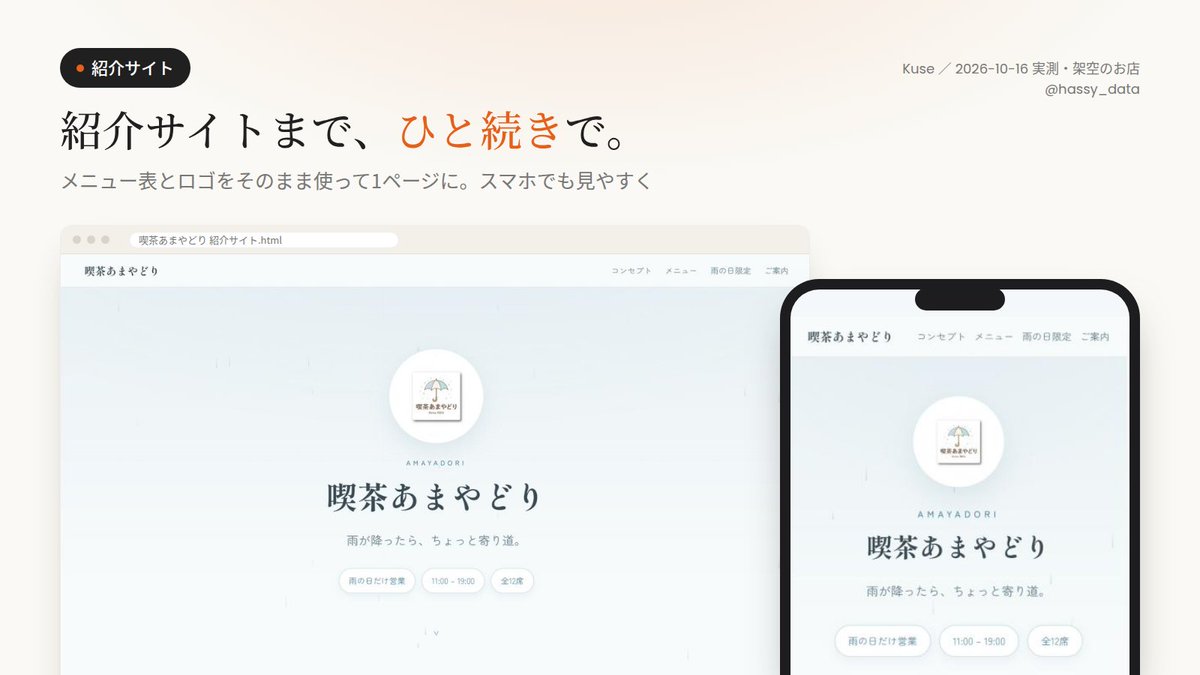 hassy_data's tweet photo. 紹介サイトは、メニュー表とロゴをそのまま使って1ページに。ロゴには頼んでいない「Since 2026」まで入っていました。

渡す前に自分で見直していたのも良かったところです。スライドの文字組みやスマホでの表示を確かめて、整えてから仕上げていました。 https://t.co/2OILGp6bRj