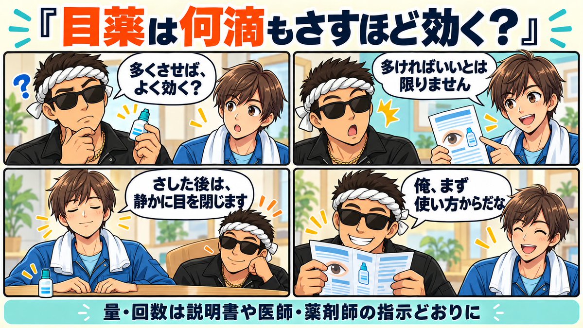 mizukoshi36's tweet photo. 【2026年10月21日（水）｜本日の記事】

目薬は何滴もさすほど効く？目にも、受け取れる量がありました

目薬を１滴さしたけど、何となく物足りない
もう１滴入れた方が、しっかり効きそうですよね
俺が気になったのは、「多く入れた分は、どこへ行くんだ？」ということ

調べると、一般的な点眼では１滴で十分とする案内がありました。ただし、使う量や回数は製品の説明、医師・薬剤師の指示を優先します。自己判断で増やすものではありません。

目いっぱい入れても、目いっぱい効くわけではない

少ないより、多い方が安心

薬に限らず、こう考えたくなる場面はありますよね

でも、慶應義塾大学病院の説明では、普通の目薬１滴の量は、目にためておける量より多いそうです

だから、何滴も続けて入れても、全部が目にとどまるわけではない
入りきらない分は、あふれてしまいます

俺なら、頬まで流れてきたら「よし、十分入った」と思いそうです
でも、それは効き目の合格通知ではなかったんですね

なお、市販薬には１回に使う滴数が別に指定されている製品もあります

この記事を読んで、全部の目薬を勝手に１滴へ変更する話ではありません
手元の説明を確かめるところからです

なじませるつもりの「パチパチ」

目薬をさした後、目を何度もパチパチさせる
まんべんなく広がりそうだし、何となく自然な動きに感じます

ところが、日本緑内障学会は、点眼後にパチパチすると薬が流れ出てしまうため、静かに目を閉じるよう案内しています

よかれと思って動かしていたのに、動かさない方がいい

こういうこともあるんですね

慶應義塾大学病院の案内では、点眼後はまばたきをせず、静かに約１分間、目を閉じます

俺なら、１分あればすぐスマホを見たくなりそうです

でも、目薬をさした直後くらいは、画面の方に待ってもらってもいいですね

狙いを定めても、先端はつけない

目に入れるのが苦手だと、容器をできるだけ近づけたくなります

遠いと外す
近いと怖い

あの小さい１滴を入れるのも、案外落ち着かないものです

愛知県薬剤師会は、まず手を洗い、下まぶたを軽く引いて、容器の先が目やまつ毛に触れないようにさす方法を案内しています

あふれた液は、清潔なティッシュなどで拭き取ります
日本緑内障学会も、容器の先が目やまつ毛、指に触れると、細菌が入る原因になると説明しています

外したくないから、くっつける
その工夫が、別の困り事につながることもあるんですね

２種類を続けてさすと、洗い流すことも

処方された目薬が２種類ある場合もあります

忘れないうちに、続けて済ませたくなる気持ちは分かります

ただ、日本緑内障学会によると、続けてさすと、後の薬が前の薬を洗い流してしまいます
２種類以上を使う場合は、５分以上あけるよう案内されています
順番や間隔に個別の指示がある場合は、そちらを優先します

同じ目に入れるから、まとめていい
そう単純でもなかったんですね

俺なら、さした後の１分を変える

今日一つ変えるなら、次に目薬を使うとき、さした後はすぐにパチパチせず、静かに約１分、目を閉じる

俺なら、これにします
新しい目薬を探す前に、今あるものの使い方を一つ確かめる

「何滴入れるか」は気になっても、「入れた後どうするか」は見落としやすい気がします

もちろん、量や回数を増やして不調を押し切ろうとはしない
使い方や効き目に迷ったら、薬剤師や眼科で相談したいですね
高そうな成分の名前は気になるのに、説明書の使い方は読み飛ばす
俺なら、そこから気をつけたいです

目薬をさした後は、すぐにまばたきをしていますか。それとも、静かに目を閉じていますか？

📚 消防設備屋の社長が、一から勉強してみた。

消防・建築から、お金・健康・歴史まで。水越設備がお届けする全20巻、すべて無料です。

気になるテーマから、どうぞ。

https://t.co/evp3pY3eLl

#健康 #目薬 #目の健康 #生活の知恵