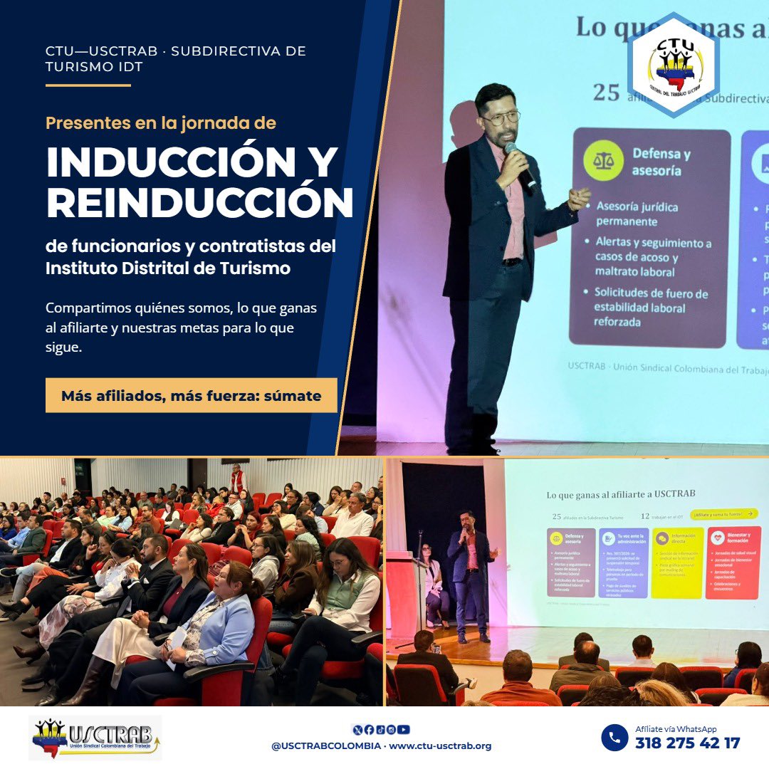 USCTRABCOLOMBIA's tweet photo. USCTRAB INFORMA 🗞️FORTALECIMIENTO SINDICAL
🤝 CTU–USCTRAB presente en la jornada de Inducción y Reinducción del Instituto Distrital de Turismo.
🔗 Afíliate aquí:
https://t.co/rfMylePWlG
🌐 Conoce más sobre nosotros:
https://t.co/lu6tvjx3Py
#IDT #USCTRAB #Bogota #Distrito https://t.co/q21nH3uXlA