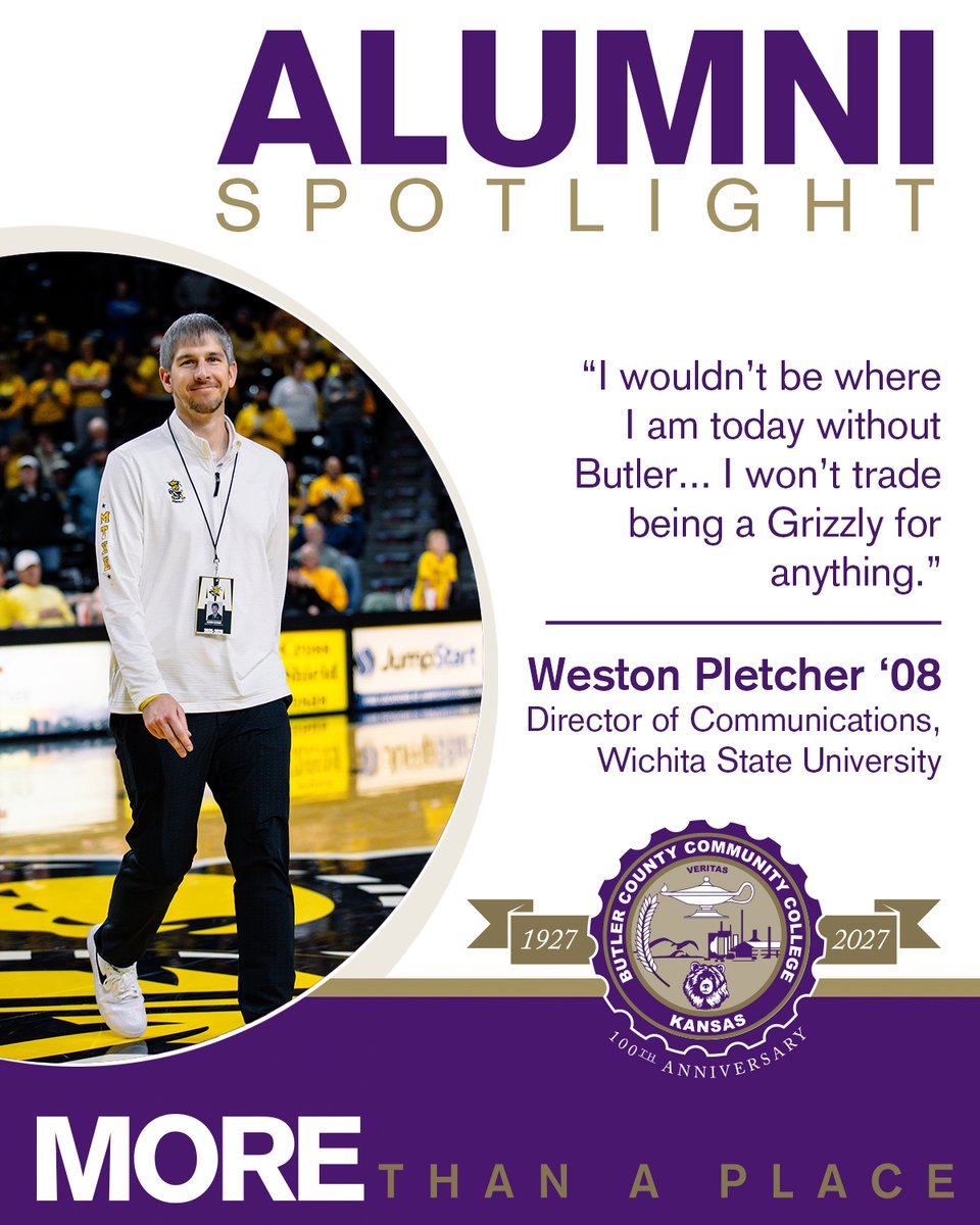 ButlerCC's tweet photo. 𝟏𝟎𝟎 𝐘𝐞𝐚𝐫𝐬. 𝟏𝟎𝟎 𝐒𝐭𝐨𝐫𝐢𝐞𝐬. 💜⁣
⁣
𝐖𝐞𝐬𝐭𝐨𝐧 𝐏𝐥𝐞𝐭𝐜𝐡𝐞𝐫 | 𝐃𝐢𝐫𝐞𝐜𝐭𝐨𝐫 𝐨𝐟 𝐂𝐨𝐦𝐦𝐮𝐧𝐢𝐜𝐚𝐭𝐢𝐨𝐧𝐬, 𝐖𝐢𝐜𝐡𝐢𝐭𝐚 𝐒𝐭𝐚𝐭𝐞 𝐔𝐧𝐢𝐯𝐞𝐫𝐬𝐢𝐭𝐲 | 𝐂𝐥𝐚𝐬𝐬 𝐨𝐟 𝟐𝟎𝟎𝟖⁣⁣
⁣
Weston Pletcher came to Butler with a goal of pursuing a career in sports broadcasting. Mentors Mike Swan and Lance Hayes made a lasting impact during his time at Butler as he began building the skills and experience that would shape his career.⁣⁣
⁣
After graduating from Butler, Pletcher transferred to KU to continue pursuing sports broadcasting. Near the end of his time there, he discovered a new path in college athletics public relations — a career he has now spent 12 years pursuing at Wichita State University.⁣⁣
⁣
Looking back, Pletcher knows where that journey began.⁣⁣
“I wouldn’t be where I am today without Butler.”⁣⁣
⁣
And when it comes to being a Butler alum? His answer is simple:⁣⁣
“Pride! I won’t trade being a Grizzly for anything.”⁣
⁣
➡️ 𝐑𝐞𝐚𝐝 𝐦𝐨𝐫𝐞 𝐨𝐟 𝗪𝐞𝐬𝐭𝐨𝐧’𝐬 𝐁𝐮𝐭𝐥𝐞𝐫 𝐬𝐭𝐨𝐫𝐲: https://t.co/ISuuJ8llRs ⁣
⁣⁣⁣⁣⁣⁣⁣⁣
💜 𝐇𝐚𝐯𝐞 𝐚 𝐁𝐮𝐭𝐥𝐞𝐫 𝐬𝐭𝐨𝐫𝐲 𝐨𝐟 𝐲𝐨𝐮𝐫 𝐨𝐰𝐧? 𝐒𝐡𝐚𝐫𝐞 𝐢𝐭 𝐰𝐢𝐭𝐡 𝐮𝐬:⁣⁣⁣⁣⁣⁣⁣⁣
https://t.co/jB3nB2Xpxg