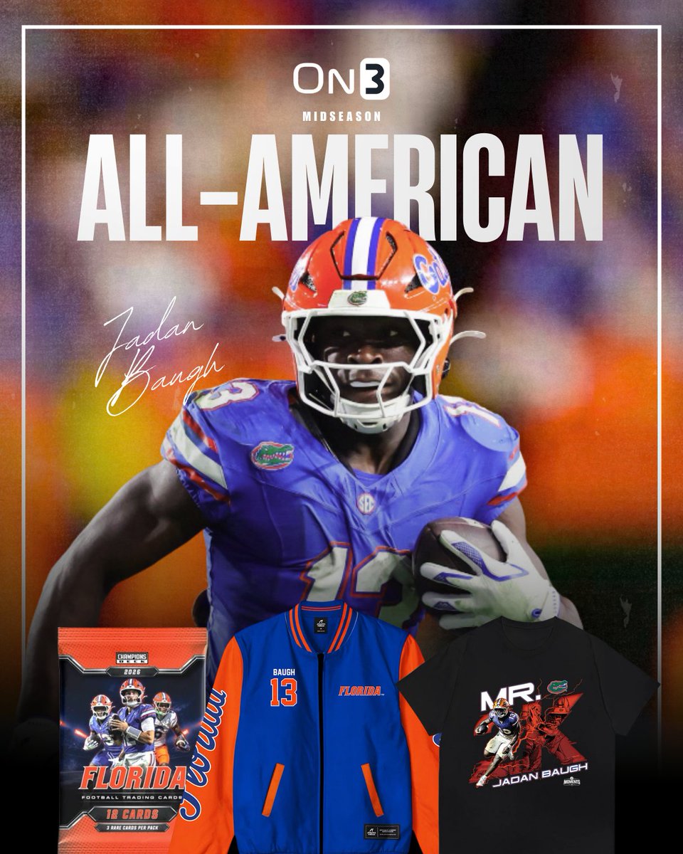GatorThreads's tweet photo. Midseason All-American. 🏆

Jadan Baugh was named to On3sports’ Midseason All-America team, and Florida fans can rep him all season long. Officially licensed Jadan Baugh merch and trading cards are live now. Link in bio. https://t.co/tCJ8RW0gTz