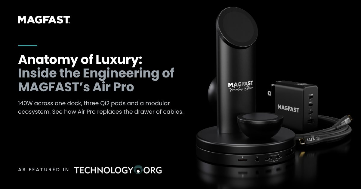 getMAGFAST's tweet photo. We let https://t.co/EtJtzJN8bi take Air Pro apart. 🔧

With 140W of total power, a 100W USB-C port, and three 15W Qi2 pads that balance the load between themselves, one dock is built to anchor the whole MAGFAST system.

So you can retire the drawer of cables. You know the one.

Air Pro is available to preorder now. Full teardown at the link in bio.

#MAGFAST #AirPro #WirelessCharging #Qi2 #DeskSetup #TechDesign #Engineering