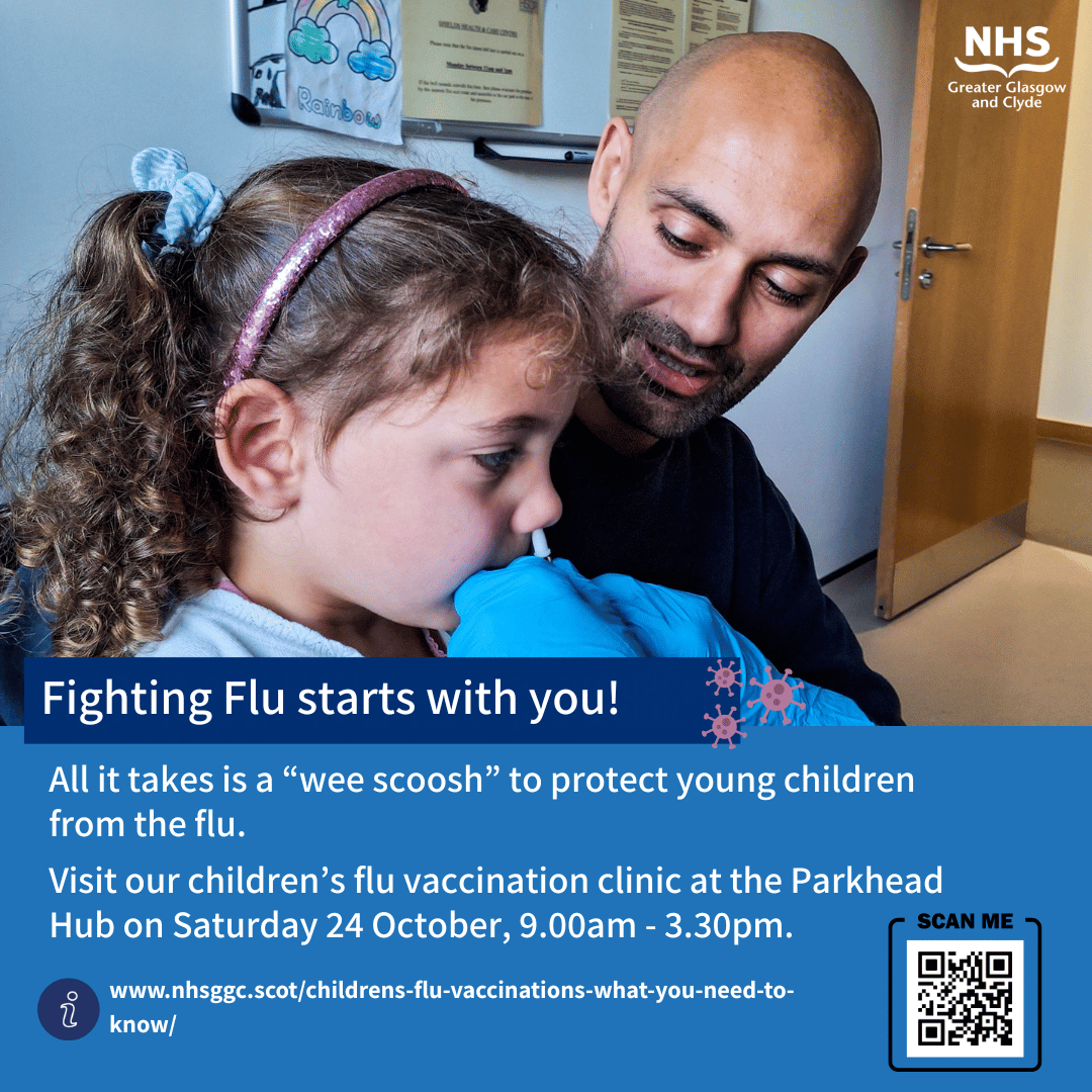 NHSGGC's tweet photo. If your child is aged two-five years old, hasn’t started school, and hasn't had their flu vaccination yet, you can attend our drop-in clinic at: 

📍 Parkhead Hub 
 📅 Saturday 24 October 
 ⏰ 9.00am-3.30pm 

🔗 https://t.co/keUqyHAeFv https://t.co/FvgxDqmrxT