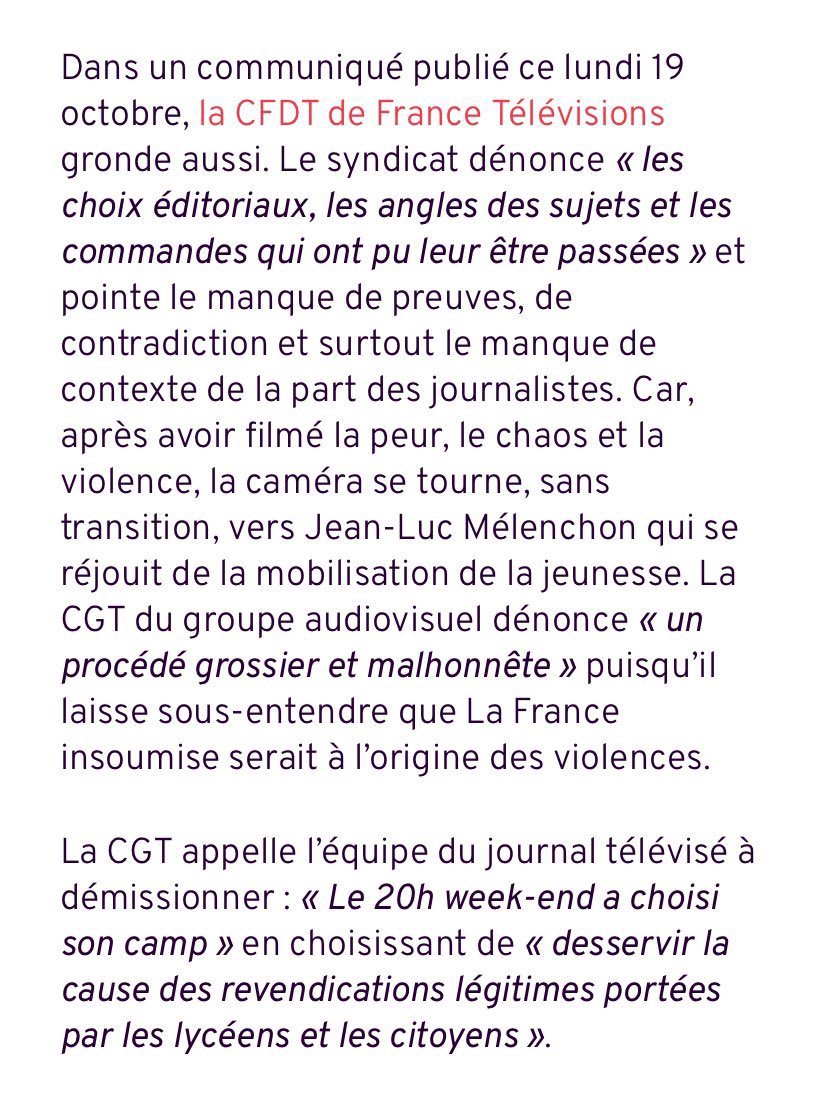 mandat_media's tweet photo. 🇫🇷 SCANDALE À FRANCE TÉLÉVISIONS : LES SYNDICATS DÉNONCENT LA DÉSINFORMATION !

La CGT et la CFDT dénoncent une couverture médiatique biaisée des mobilisations, privilégiant les violences au détriment des revendications des manifestants.

La CGT va jusqu’à réclamer LA DÉMISSION DE L’ÉQUIPE DU 20H DU WEEK-END, accusée d’avoir « choisi son camp » !

Source : CGT et CFDT France Télévisions