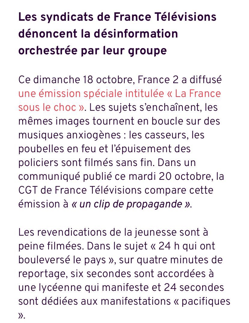 mandat_media's tweet photo. 🇫🇷 SCANDALE À FRANCE TÉLÉVISIONS : LES SYNDICATS DÉNONCENT LA DÉSINFORMATION !

La CGT et la CFDT dénoncent une couverture médiatique biaisée des mobilisations, privilégiant les violences au détriment des revendications des manifestants.

La CGT va jusqu’à réclamer LA DÉMISSION DE L’ÉQUIPE DU 20H DU WEEK-END, accusée d’avoir « choisi son camp » !

Source : CGT et CFDT France Télévisions