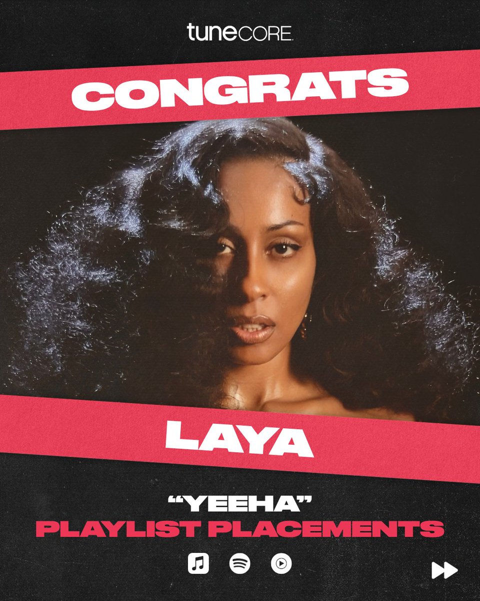 TuneCore's tweet photo. CONGRATS 🏆 Shoutout to TuneCore Artist @LAYAface's on landing major playlist placements across Apple Music, Spotify, and YouTube Music for her new release, “Yeeha.”

We’re so excited to be part of LAYA's independent journey. Swipe through for some playlist highlights, then hit the link to stream “Yeeha" out now via TuneCore! 

https://t.co/u9Qczd0QiY