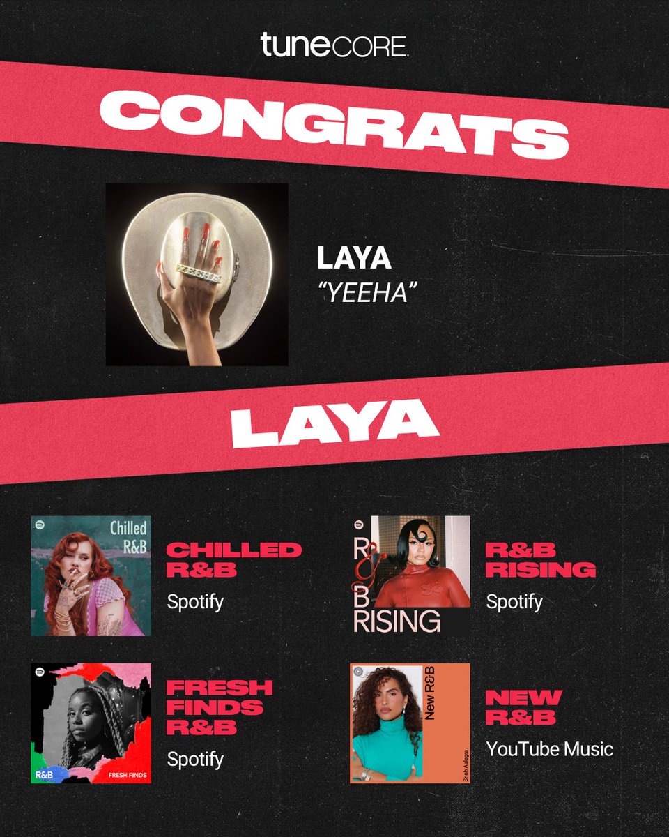 TuneCore's tweet photo. CONGRATS 🏆 Shoutout to TuneCore Artist @LAYAface's on landing major playlist placements across Apple Music, Spotify, and YouTube Music for her new release, “Yeeha.”

We’re so excited to be part of LAYA's independent journey. Swipe through for some playlist highlights, then hit the link to stream “Yeeha" out now via TuneCore! 

https://t.co/u9Qczd0QiY