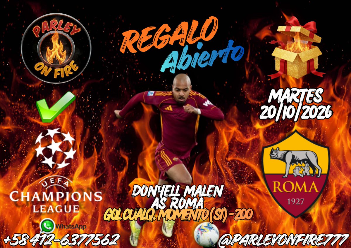 parleyonfire777's tweet photo. Martes de Regalo Abierto 🎁 Fútbol⚽️ Acertado✅
#apuestas #apuestasdeportivas #freepicks #freepicksdaily #GAMBLINGX #sportsbetting #sportsbettingpicks #betting #UEFA_Champions_League #Props #ASRoma @OfficialASRoma @UEFAcom @ChampionsLeague https://t.co/eLlHMJeTJO