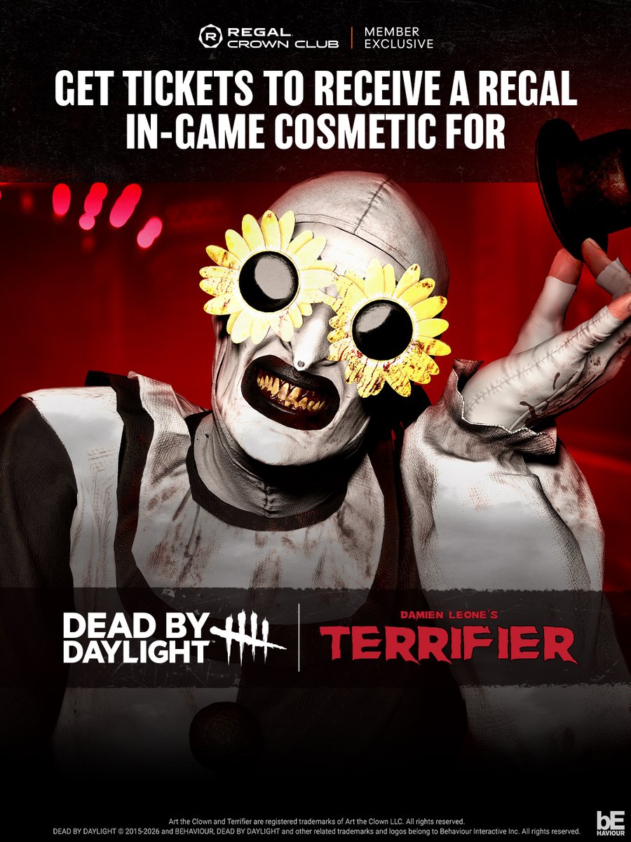 BDisgusting's tweet photo. All three of Damien Leone's TERRIFIER movies are coming back to the big screen at Regal 10/29 - 10/31!

Presented by Behaviour Interactive in celebration of Art's debut in Dead by Daylight on November 1.

Ticket purchasers will receive a Regal-exclusive in game cosmetic! https://t.co/wZL6MSZNEy