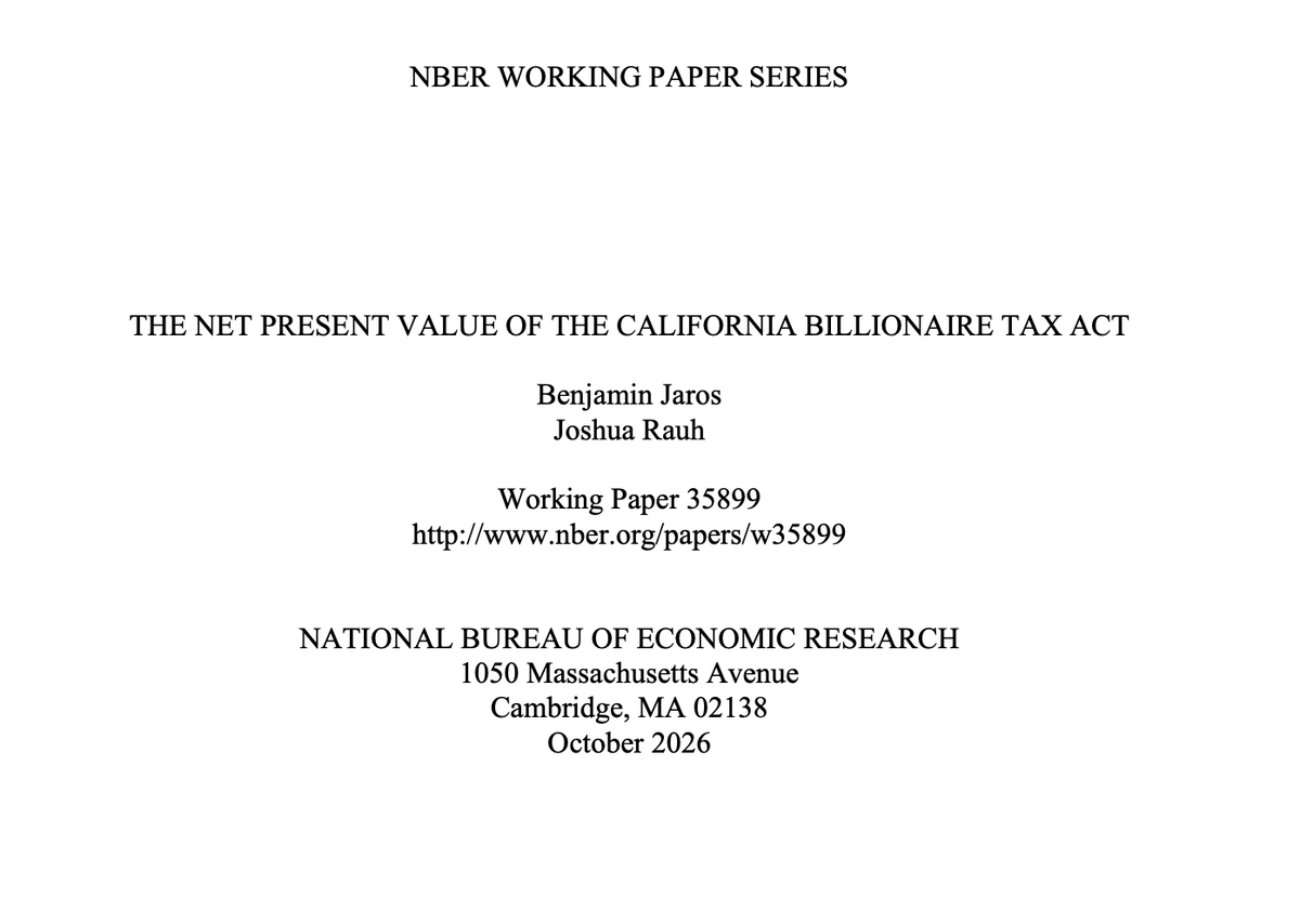 nic_carter's tweet photo. this California wealth tax thing is just incredible. 

so in October 2025, a California healthcare union proposed a "one time" 5% tax on any billionaire's wealth. the ballot measure will be voted on next month. In early December 2025, California announced that it would be a retroactive tax if passed, applying to anyone with CA residency as of Jan 1, 2026. The objective is to pay for Medi-Cal, California's incredibly dysfunctional healthcare system. (which also functions as a glorified welfare apparatus, but that's a discussion for another time). 

polls reveal that the CA electorate is split around 50/50 on the tax, but prediction markets only give Prop 40 a ~23% chance of passing (there are competing measures on the ballet that would nullify it). 

there are 200 billionaires in CA, worth collectively somewhere between $2.3 and $2.6 trillion. 5% of that is around $100b, accounting for a small amount of attrition. proponents of the tax forecasted a significant windfall, assuming only a 10% departure rate. 

supporters thought they were being clever with the retroactive concept. no billionares would leave CA in the few short months between the tax being proposed and the residency cutoff date, without the tax even having passed yet, right? 

well as it turns out, they did. 

a new paper [1] from two academics at Stanford called "The Net Present Value of the California Billionaire Tax Act", argues that not only did more billionaires leave due to the proposed tax than its proponents expected, but that the value of the tax, if it does pass, is actually negative. 

proponents of the tax only assumed 10% avoidance, that is, only 10% of the taxable base of targeted billionaires would leave CA within the very short Oct-Dec 2025 window. Jaros and Rauh, the Stanford academics, find that a lower bound of 28.6% of the taxable base managed to leave. 

just based on known departures, those departures total $577b in net worth, or $28.8b in potential tax lost. this of course does not capture everyone (many left without announcing their departure), so the authors normalize to departure rates estimated from other wealth tax events, and apply other discounts for litigation, arriving arrive at a figure of only $28-$36b in forecasted tax revenues. 

but this isn't all! all of the income taxes paid by the departed billionaires are also forsaken. the authors estimate that CA billionaires pay $3.3- 5.8b in annual income taxes. they assume a midpoint of $2b lost in annual collections from departed billionaires. the net present value of that lost income stream is -$68.9 billion. 

so when you add it all up you get: 

+ $30b one-time tax windfall (estimated)  
- $69b in present value of lost future income taxes
= - 38.9b overall net present value of the tax 

of course, this analysis is highly estimate driven. the authors simulate the parameters 100k times and find a negative NPV of the implemented tax 85 percent of the time. 

and if the tax doesn't pass, which it's not looking like it will, California still ended up losing at least $577b in departed net worth, and they have permanently poisoned the well with entrepreneurs who will now worry about future wealth taxes. 

[1]: https://t.co/1lbZgnMTG9