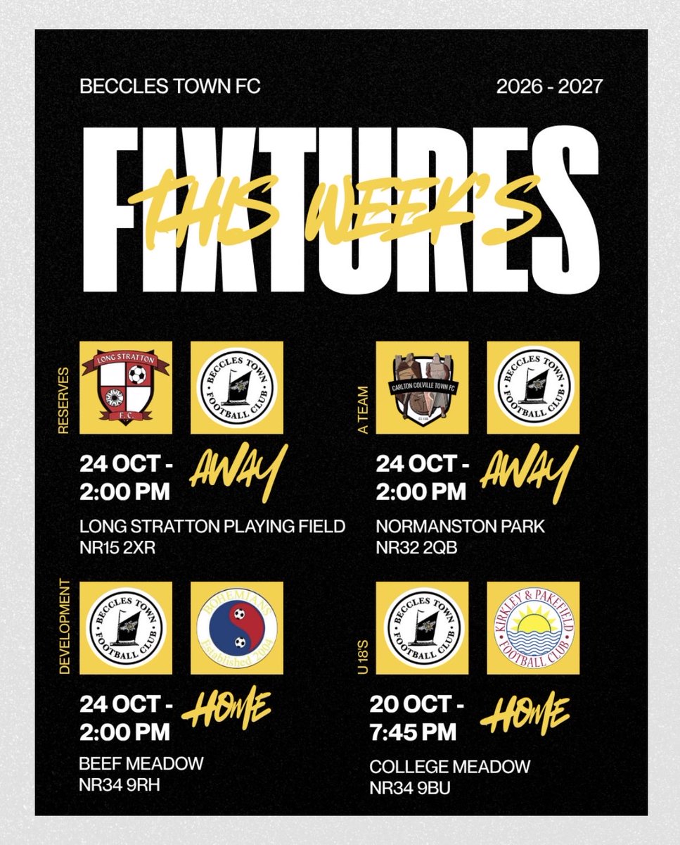 BecclesFC's tweet photo. This Weeks Fixtures ||
Itβs a full schedule for Town π€
#BTFC #UpTheTown β«οΈβ΅οΈβͺοΈ https://t.co/ApPifoh39M