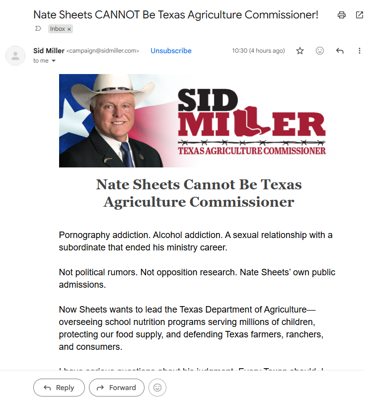 CurrentRevolt's tweet photo. An email sent out by outgoing Ag Commissioner Sid Miller earlier today: https://t.co/8XtJvgP1mW