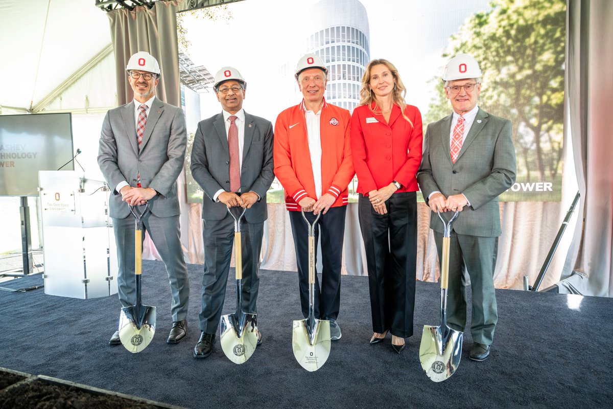 OhioStatePres's tweet photo. Today we took an extraordinary step forward in building a thriving innovation ecosystem in Ohio. The groundbreaking for the Timashev Technology Tower at Ohio State's Innovation District is about more than a building – it's about the new ideas, technologies and companies that will result when students, faculty, staff, industry experts and entrepreneurs are working side-by-side to advance research and discovery in the life sciences, software innovation, AI and more. I'm so grateful to Ratmir and Angela Timashev, JobsOhio, our city and state, and all the partners who made this milestone possible. The future of growth and innovation in Ohio is bright!