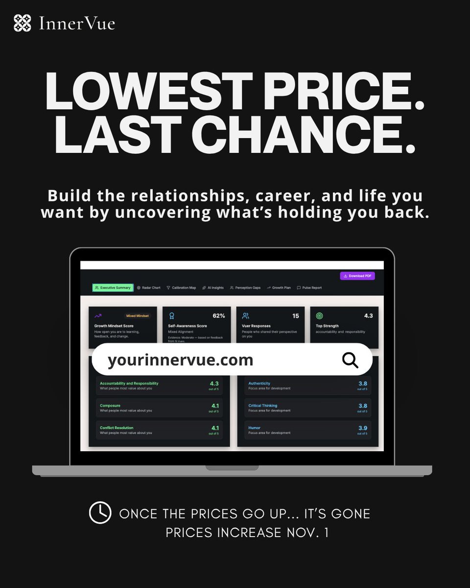 yourinnervue's tweet photo. Get your InnerVue now at the lowest price it’ll ever be! 

Once prices go up, the current price is gone for good. Don’t miss your chance to gain a clearer understanding of yourself, uncover hidden strengths, and discover opportunities for growth across your relationships, career, and life.

The best time to see yourself clearly is now.