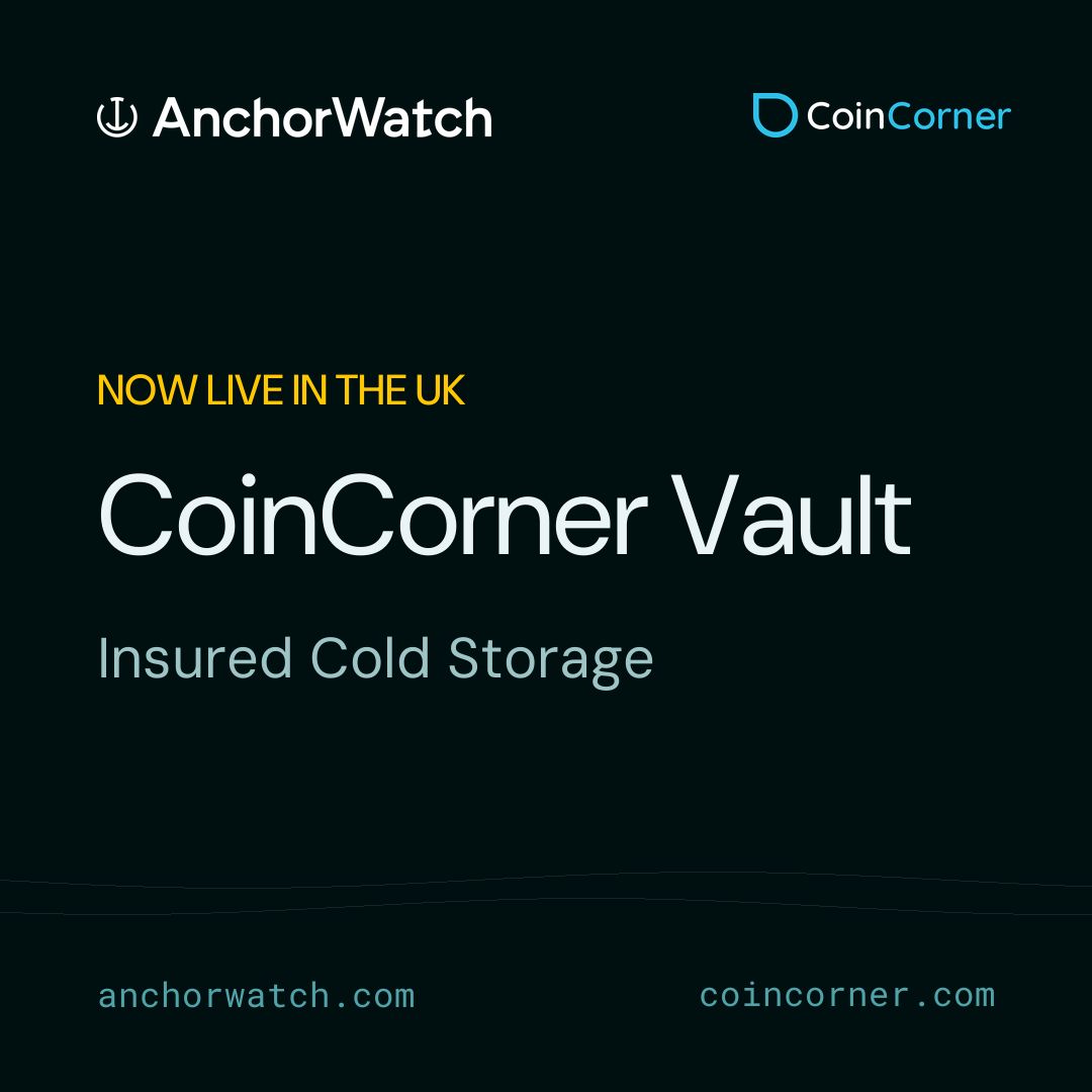 AnchorWatch's tweet photo. CoinCorner customers in the UK can hold Bitcoin in insured cold storage.

@CoinCorner Vault is built in partnership with AnchorWatch, with no seed phrase or hardware device to manage.

Insurance is arranged by AnchorWatch and backed by Lloyd's of London. https://t.co/HCv4ykhWvL
