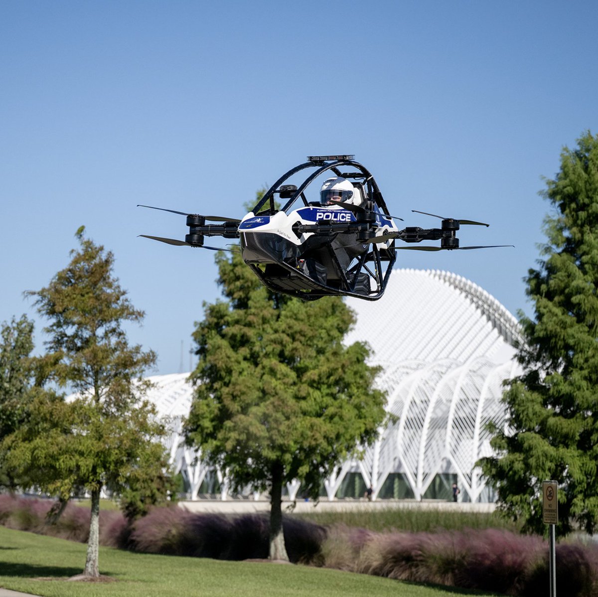 Polymarket's tweet photo. JUST IN: Florida becomes home to America's first flying police vehicle, as Florida Polytechnic debuts a manned electric aircraft for surveillance &amp; emergency response. https://t.co/I1fYkFpDm5