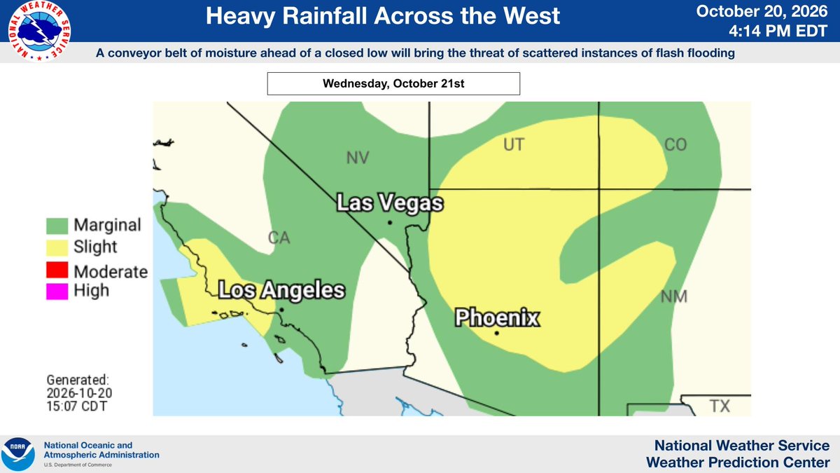 NWSWPC's tweet photo. A closed low and associated moisture conveyor belt (PWATS 3-4 standard deviations above average) will bring a level 2/4 flash flooding risk. The mountain ranges, especially burn scars, of Southern California to the Four Corners region will see heavy rainfall (1-2 inches). https://t.co/KLyAIBZ7rj