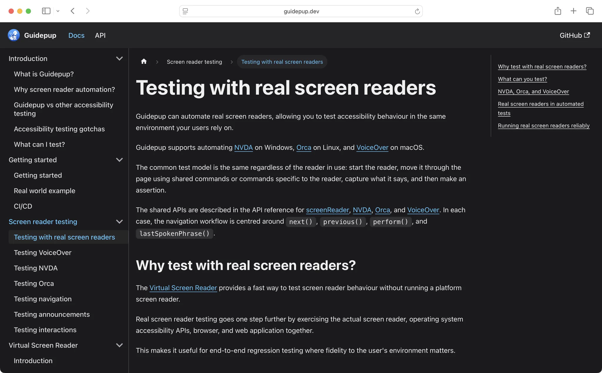 Screenshot of https://www.guidepup.dev/docs/screen-reader-testing/testing-with-real-screen-readers
