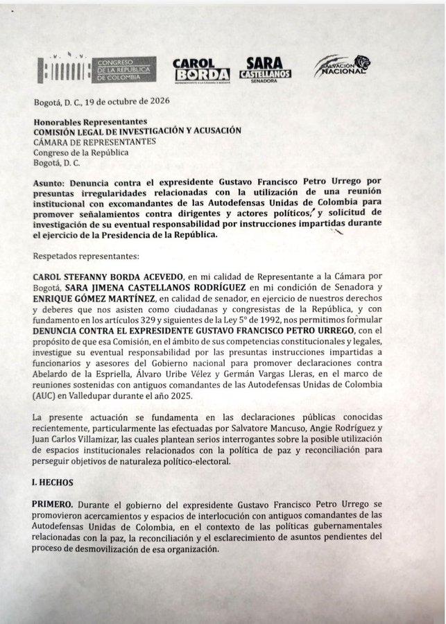 Enrique_GomezM's tweet photo. Radicamos una denuncia contra Gustavo Petro ante Comisión de Acusaciones por los hechos denunciados del denóminado 'Pacto de Valledupar'. https://t.co/nPnOJBRv1A