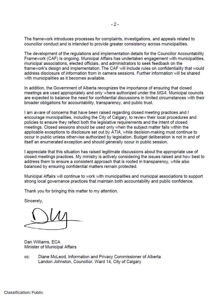Landonforward14's tweet photo. Minister of Municipal Affairs Dan Williams has responded to Mayor Farkas regarding closed meeting practices and the special council meeting.

Key point from the letter: “Budget deliberation is not in and of itself an enumerated exception and should generally occur in public session.”