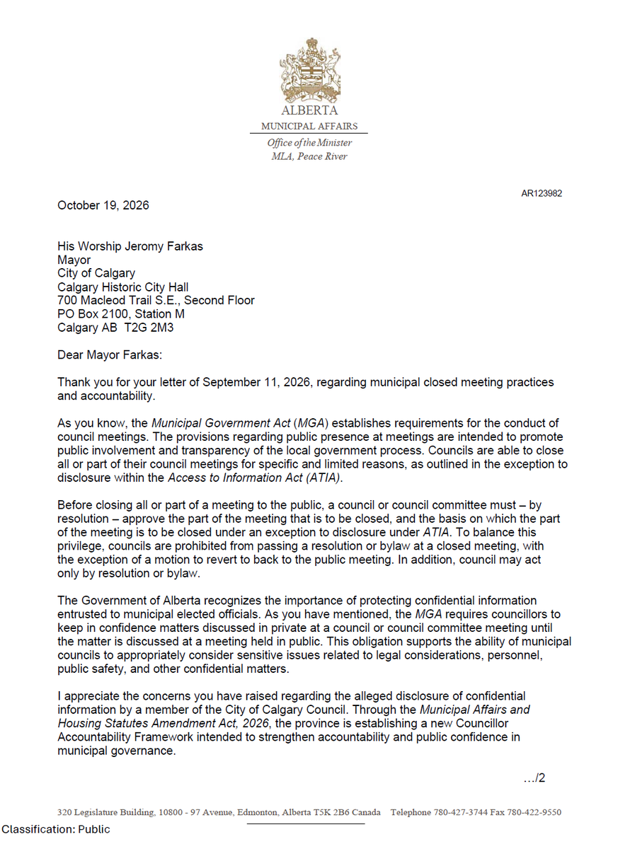 Landonforward14's tweet photo. Minister of Municipal Affairs Dan Williams has responded to Mayor Farkas regarding closed meeting practices and the special council meeting.

Key point from the letter: “Budget deliberation is not in and of itself an enumerated exception and should generally occur in public session.”