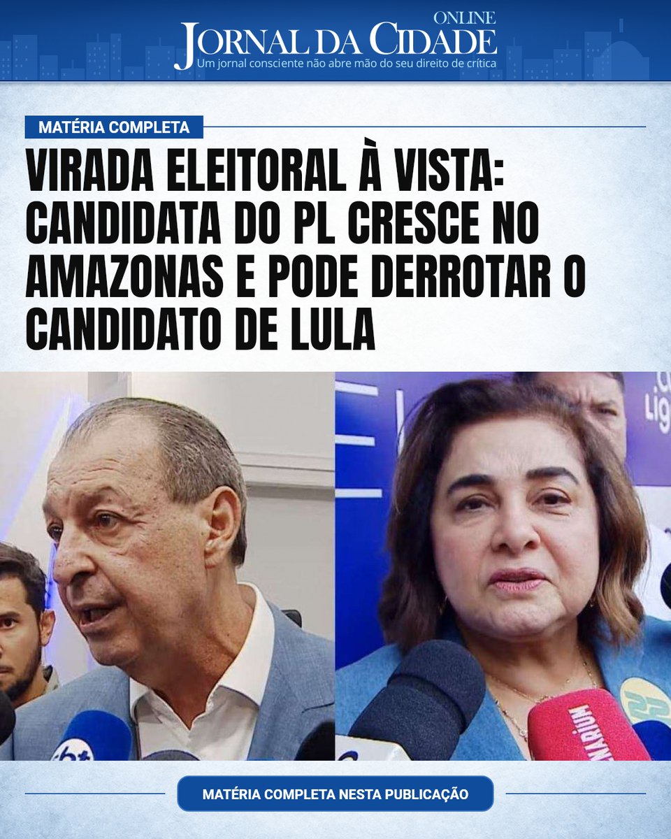 JornalDaCidadeO's tweet photo. Virada eleitoral à vista: Candidata do PL cresce no Amazonas e pode derrotar o
candidato de Lula

A diferença está caindo numa impressionante rapidez no Amazonas e uma grande surpresa está prestes a acontecer: A derrota do veterano senador lulista, Omar Aziz (PSD), para a professora Maria do Carmo (PL).

Pesquisa Real Time Big Data, divulgada nesta terça-feira (20), indica que a disputa entre Aziz e Maria do Carmo será extremamente acirrada.

A menos de uma semana do segundo turno, o senador tem 46% das intenções de voto, enquanto a candidata do PL tem 41%. O fato notório é a curva crescente da professora.

Brancos e nulos são 11%; não sabem ou não responderam, 2%.

Outro aspecto observado é a alta rejeição de Omar Aziz. Ele tem 40% de rejeição no estado, ante apenas 28% de Maria do Carmo.

Ao menos 20% dos entrevistados dizem que não votariam em nenhum dos dois candidatos, enquanto 12% não rejeitam nenhum deles.

A pesquisa foi realizada entre 15 e 19 de outubro, com 1.600 eleitores.

A margem de erro é de dois pontos percentuais, com nível de confiança de 95%.

O levantamento está registrado no Tribunal Superior Eleitoral (TSE) com o número AM-03112/2026.

Matéria do Jornal da Cidade Online