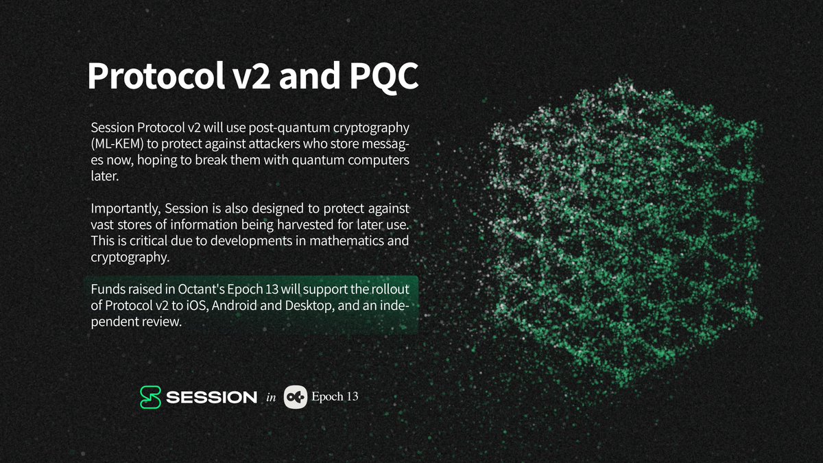 session_app's tweet photo. Thank you to everyone who has voted for Session in @OctantApp's Epoch 13 so far! 💚

These funds will go towards the implementation of Session Protocol v2, bringing post-quantum cryptography and other improvements to Session.

You can participate here: https://t.co/FOzGLKcf8N https://t.co/TdghLprA9j