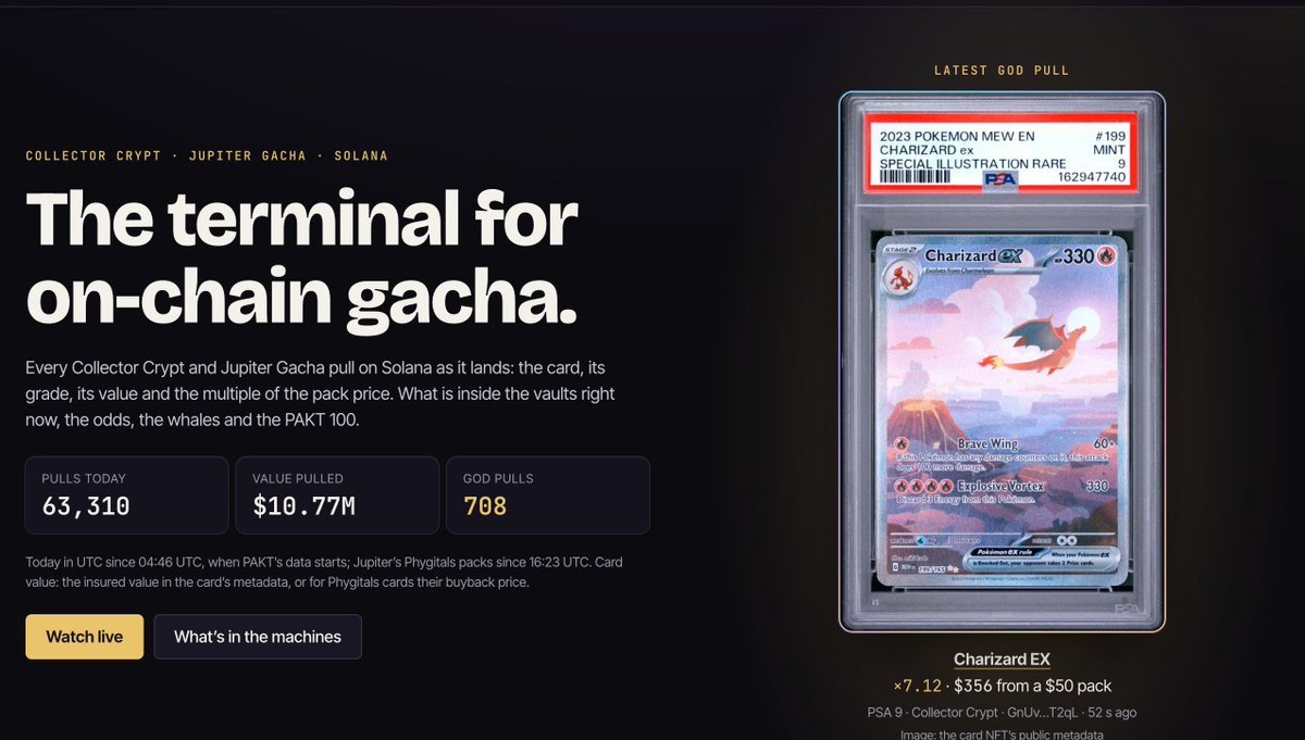 paktterminal's tweet photo. How PAKT reads a gacha pull on Solana:

1. A buyer pays USDC to the gacha wallet, with a memo like cc-<uuid>:open
2. Seconds later, a graded card leaves a vault with the same uuid :send
3. If the card is sold back, a third tx with :buyback returns it to the pool
4. The card's NFT metadata carries its grade, cert number and insured value

Three transactions, one uuid, zero guesswork. That's every pull on https://t.co/CcrWv2NyVS.

$PAKT