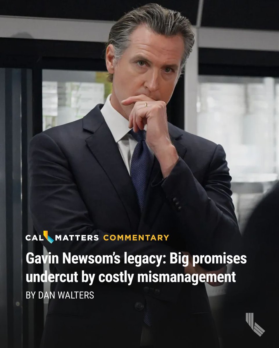 CalMatters's tweet photo. Opinion | Whatever accomplishments Gavin Newsom might claim from his eight years as governor, he will also leave a legacy of mismanagement that has squandered untold billions of taxpayers’ dollars. https://t.co/TA2c7ONdRy

📝 Dan Walters
📸 Keith Birmingham https://t.co/trtxFQ1fhY