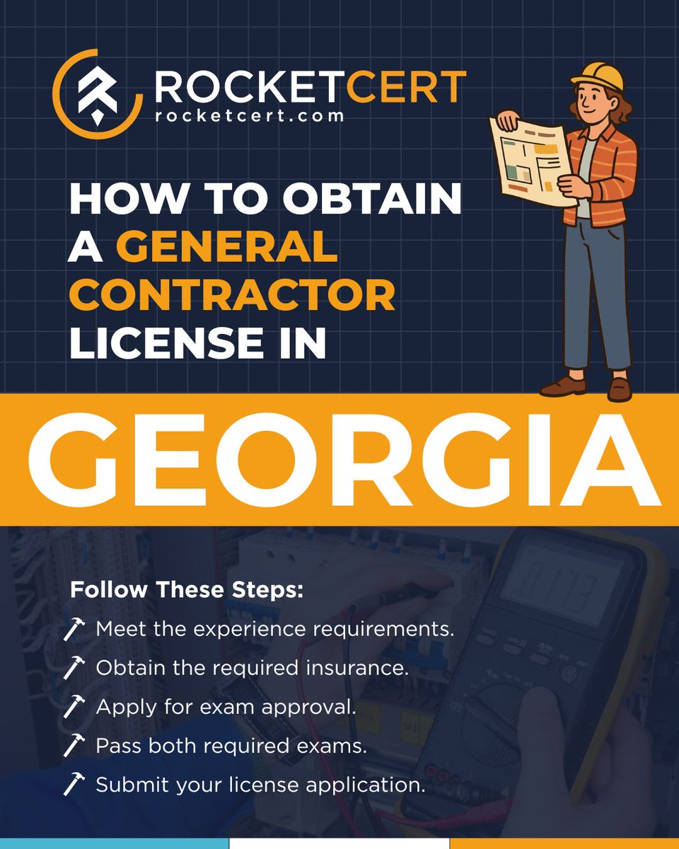 rocket_cert's tweet photo. Thinking about getting your Georgia General Contractor License? There are a few steps you’ll need to take before you can get licensed. We broke down the process to give you a quick look at what to expect. #GeorgiaContractor #GeneralContractor #ContractorLicense https://t.co/p14bgqXIIz