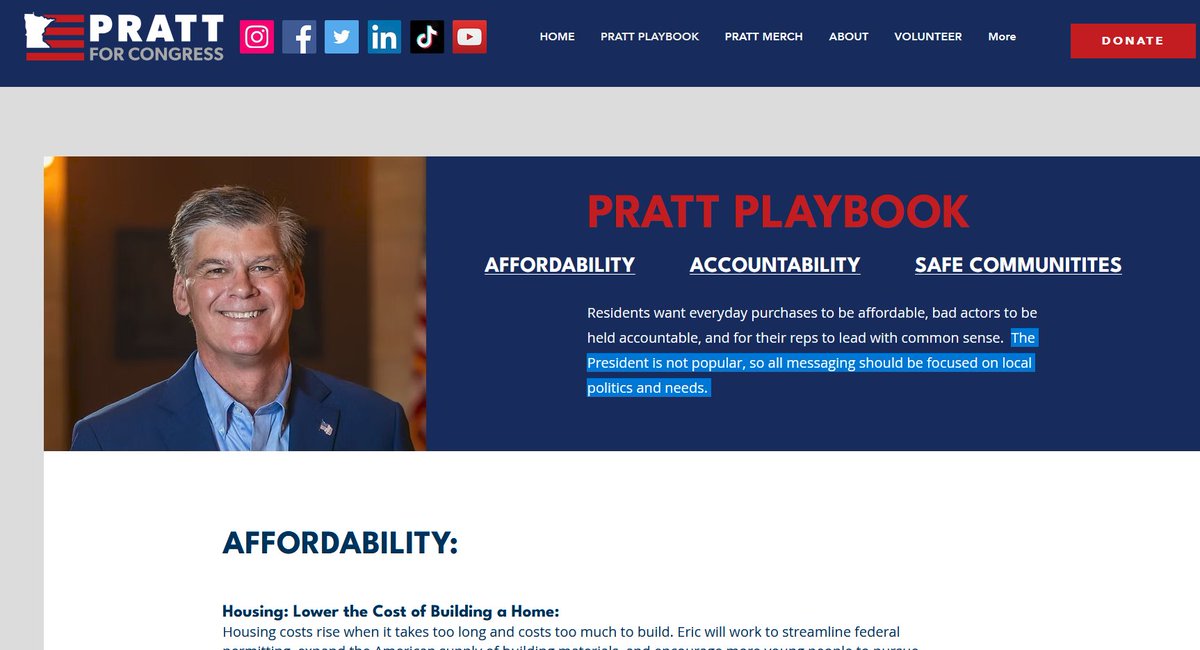 auautumntumn's tweet photo. Eric Pratt, the republican running for Angie Craig's open seat in MN-02, left the AI restating his prompt on his website.

"The President is not popular, so all messaging should be focused on local politics and needs."

lmfao https://t.co/JbhIzEJmWB