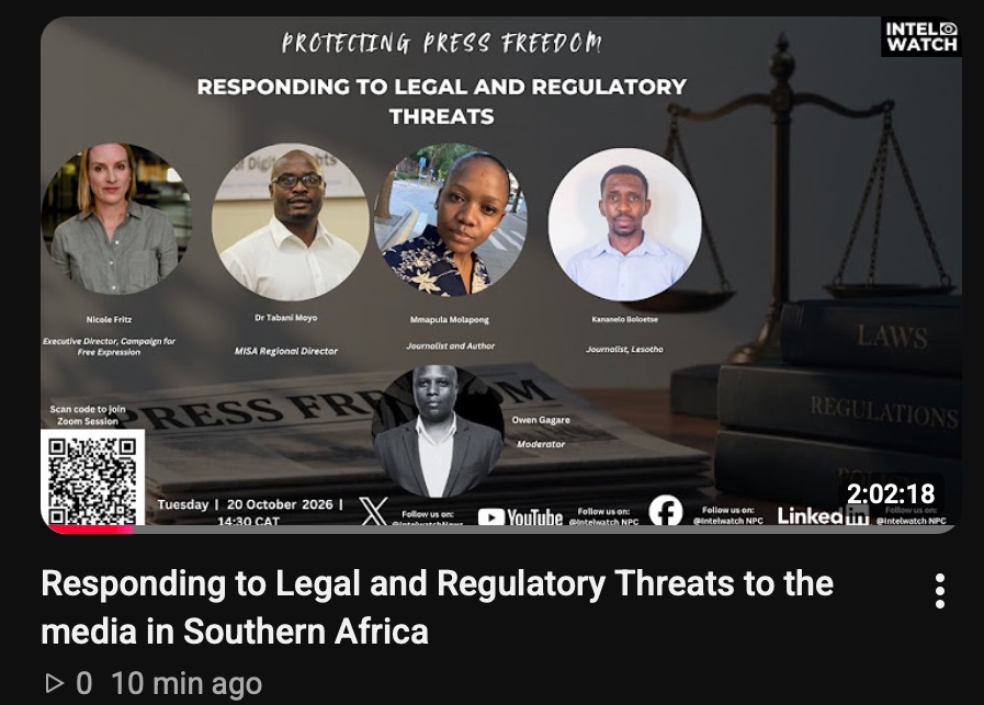 IntelwatchNews's tweet photo. Find the recording to Intelwatch's roundtable about responding to Legal and Regulatory Threats to the media in Southern Africa: https://t.co/ttzXHzzGyd

Do not forget to subscribe to the channel for more updates.

#Intelwatch #southernafrica #mediafreedom https://t.co/ZLqtREkIvU