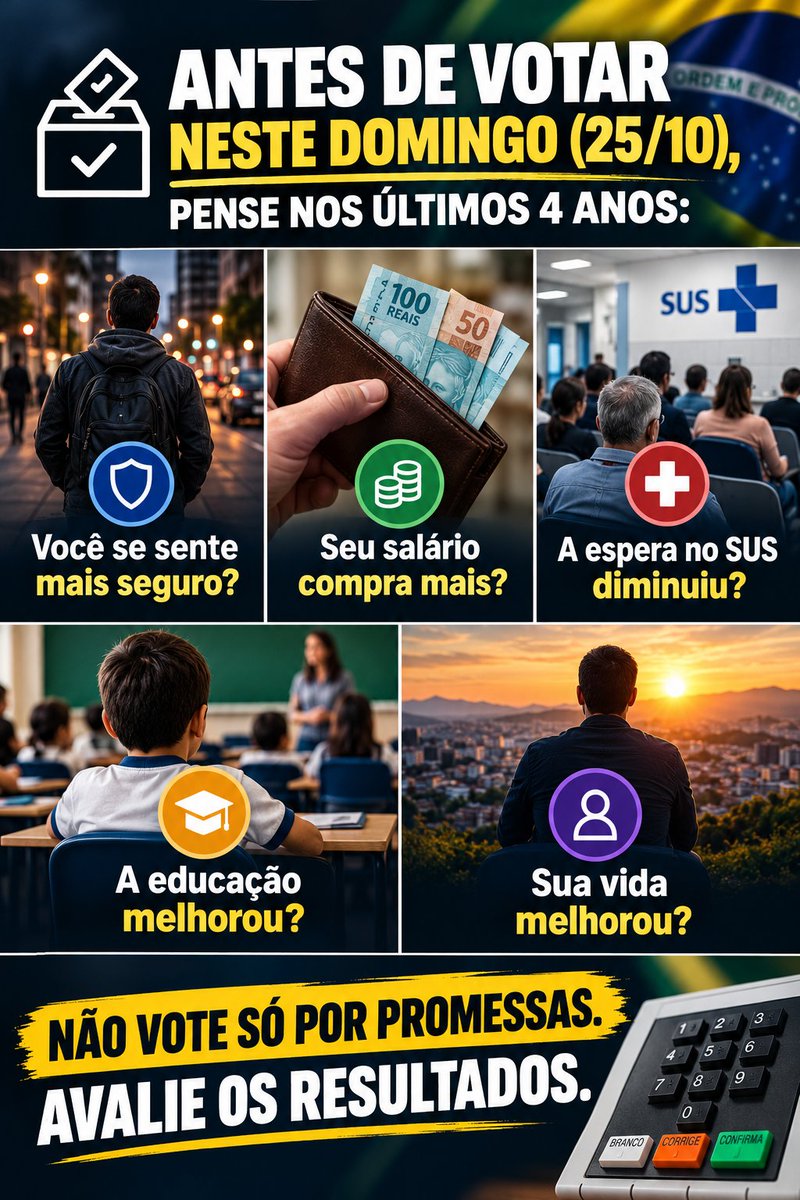 cristianodba's tweet photo. 🗳️ Antes de votar neste domingo (25/10), faça um balanço dos últimos 4 anos:

• Você se sente mais seguro?
• Seu salário compra mais?
• A espera no SUS diminuiu?
• A educação melhorou?
• Sua vida melhorou?

**Não vote apenas por promessas. Avalie os resultados.** https://t.co/UcuGCo6RYf
