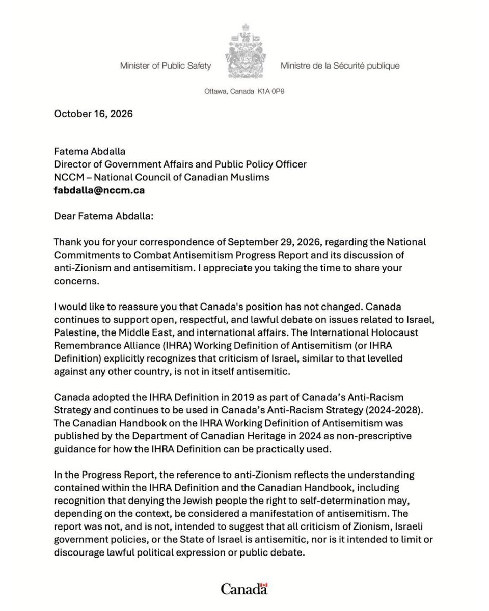 CJPME's tweet photo. Thousands of Canadians spoke out, and the Minister of Public Safety has since clarified in a private letter to the National Council of Canadian Muslims (@nccm) that criticism of Zionism and Israeli government policies is not automatically antisemitic.

But the original Public Safety Canada report remains unchanged.

A private clarification isn't enough. We’re calling on Minister Anandasangaree to revise the report, remove its reference to anti-Zionism, and affirm that opposing Zionism is legitimate political expression.

Keep the pressure on. Send an email to the Minister today: https://t.co/XWQTmsyHsH