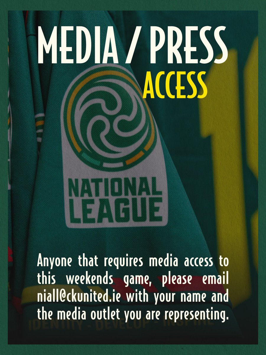CKUFirstTeam's tweet photo. 🎥📸 MEDIA &amp; PRESS ACCREDITATION 🟢🟡

CK United welcomes applications from members of the media wishing to attend our upcoming home fixture against UCC Soccer.

📩 To request accreditation, please email:
niall@ckunited.ie

We look forward to welcoming the media to SETUCampus! https://t.co/SFfLnOAG44