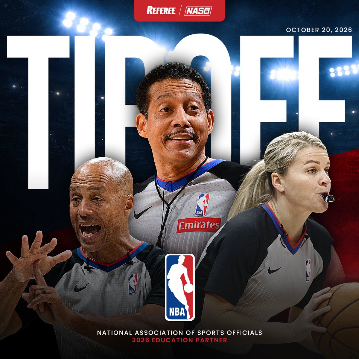 RefereeMag's tweet photo. 🏀 The 2026-27 NBA season tips off tonight.

While the spotlight shines on the players and coaches, officials across the league are preparing for another season of split-second decisions, professionalism and excellence.

Best of luck to all NBA officials this season. #NBA #SayYesToOfficiating #nbaofficials