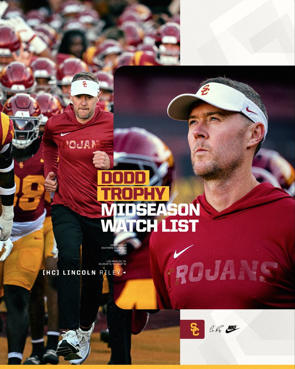 uscfb's tweet photo. Leading the way ✌️

Head Coach @LincolnRiley has been named to the Dodd Trophy Midseason Watch List!

This honor recognizes on field success while emphasizing scholarship, leadership and integrity. https://t.co/khWioPJCtH